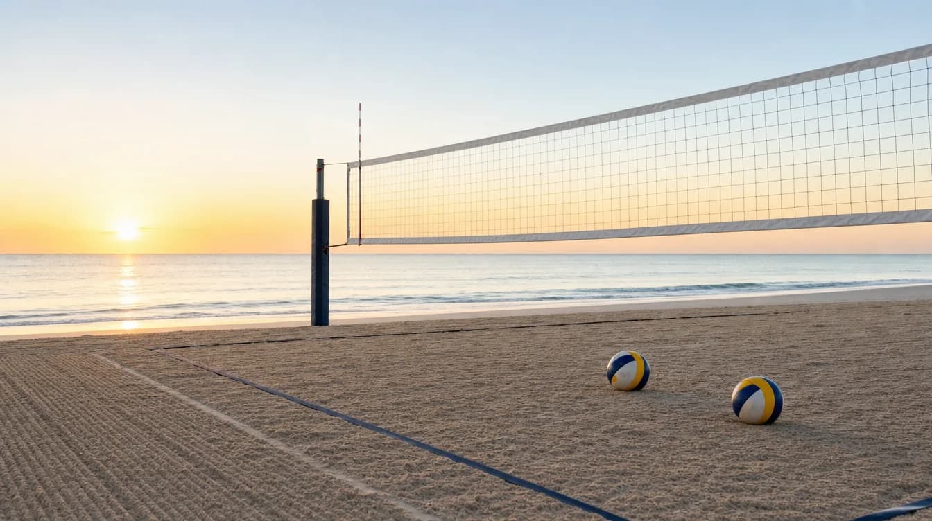 An open beach volleyball court prepared for a rental