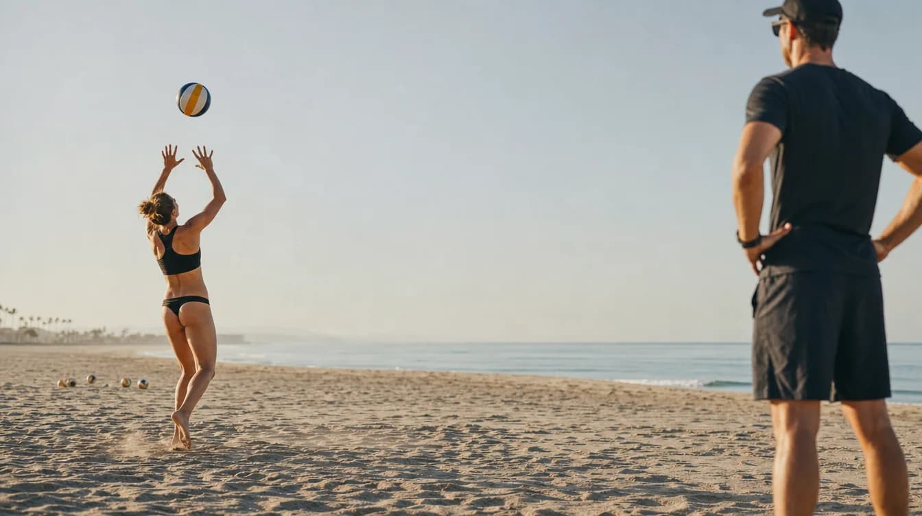A coach working with a volleyball player on a beach court
