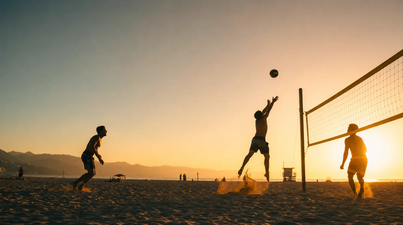 Beach volleyball pickup at golden hour