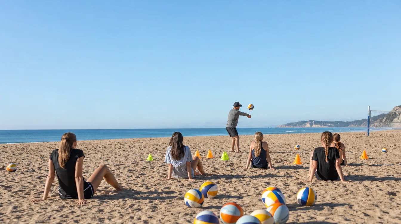 Youth beach volleyball clinic on a bright morning